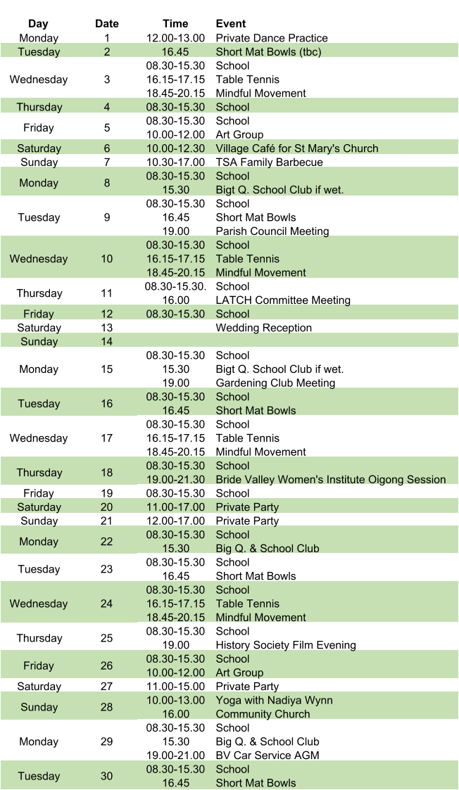 Day Date Time Event Monday 1 12.00-13.00 Private Dance Practice Tuesday 2 16.45 Short Mat Bowls (tbc) Wednesday 3 08.30-15.30 16.15-17.15 18.45-20.15 School Table Tennis Mindful Movement Thursday 4 08.30-15.30 School Friday 5 08.30-15.30 10.00-12.00 School Art Group Saturday 6 10.00-12.30 Village Café for St Mary's Church Sunday 7 10.30-17.00 TSA Family Barbecue Monday 8 08.30-15.30 15.30 School Bigt Q. School Club if wet. Tuesday 9 08.30-15.30 16.45 19.00 School Short Mat Bowls Parish Council Meeting Wednesday 10 08.30-15.30 16.15-17.15 18.45-20.15 School Table Tennis Mindful Movement Thursday 11 08.30-15.30. 16.00 School LATCH Committee Meeting Friday 12 08.30-15.30 School Saturday 13 Wedding Reception Sunday 14 Monday 15 08.30-15.30 15.30 19.00 School Bigt Q. School Club if wet. Gardening Club Meeting Tuesday 16 08.30-15.30 16.45     School Short Mat Bowls Wednesday 17 08.30-15.30 16.15-17.15 18.45-20.15 School Table Tennis Mindful Movement Thursday 18 08.30-15.30 19.00-21.30 School Bride Valley Women's Institute Oigong Session Friday 19 08.30-15.30 School Saturday 20 11.00-17.00 Private Party Sunday 21 12.00-17.00 Private Party Monday 22 08.30-15.30 15.30 School Big Q. & School Club Tuesday 23 08.30-15.30 16.45 School Short Mat Bowls Wednesday 24 08.30-15.30 16.15-17.15 18.45-20.15 School Table Tennis Mindful Movement Thursday 25 08.30-15.30 19.00 School History Society Film Evening Friday 26 08.30-15.30 10.00-12.00 School Art Group Saturday 27 11.00-15.00 Private Party Sunday 28 10.00-13.00 16.00 Yoga with Nadiya Wynn Community Church Monday 29 08.30-15.30 15.30 19.00-21.00 School Big Q. & School Club BV Car Service AGM Tuesday 30 08.30-15.30 16.45     School Short Mat Bowls