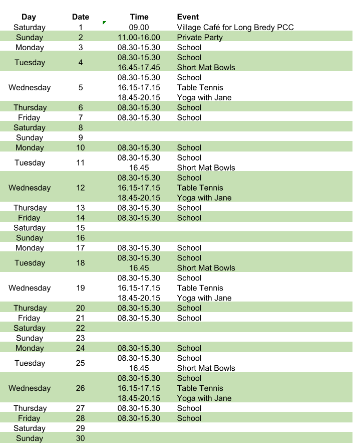 Day Date Time Event Saturday 1 09.00 Village Café for Long Bredy PCC Sunday 2 11.00-16.00 Private Party Monday 3 08.30-15.30 School Tuesday 4 08.30-15.30 16.45-17.45 School Short Mat Bowls Wednesday 5 08.30-15.30 16.15-17.15 18.45-20.15 School Table Tennis Yoga with Jane Thursday 6 08.30-15.30 School Friday 7 08.30-15.30 School Saturday 8 Sunday 9 Monday 10 08.30-15.30 School Tuesday 11 08.30-15.30 16.45 School Short Mat Bowls Wednesday 12 08.30-15.30 16.15-17.15 18.45-20.15 School Table Tennis Yoga with Jane Thursday 13 08.30-15.30 School Friday 14 08.30-15.30 School Saturday 15 Sunday 16 Monday 17 08.30-15.30 School Tuesday 18 08.30-15.30 16.45 School Short Mat Bowls Wednesday 19 08.30-15.30 16.15-17.15 18.45-20.15 School Table Tennis Yoga with Jane Thursday 20 08.30-15.30 School Friday 21 08.30-15.30 School Saturday 22 Sunday 23 Monday 24 08.30-15.30 School Tuesday 25 08.30-15.30 16.45 School Short Mat Bowls Wednesday 26 08.30-15.30 16.15-17.15 18.45-20.15 School Table Tennis Yoga with Jane Thursday 27 08.30-15.30 School Friday 28 08.30-15.30 School Saturday 29 Sunday 30