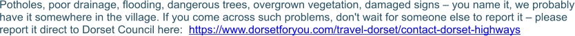Potholes, poor drainage, flooding, dangerous trees, overgrown vegetation, damaged signs – you name it, we probably have it somewhere in the village. If you come across such problems, don't wait for someone else to report it – please report it direct to Dorset Council here:  https://www.dorsetforyou.com/travel-dorset/contact-dorset-highways