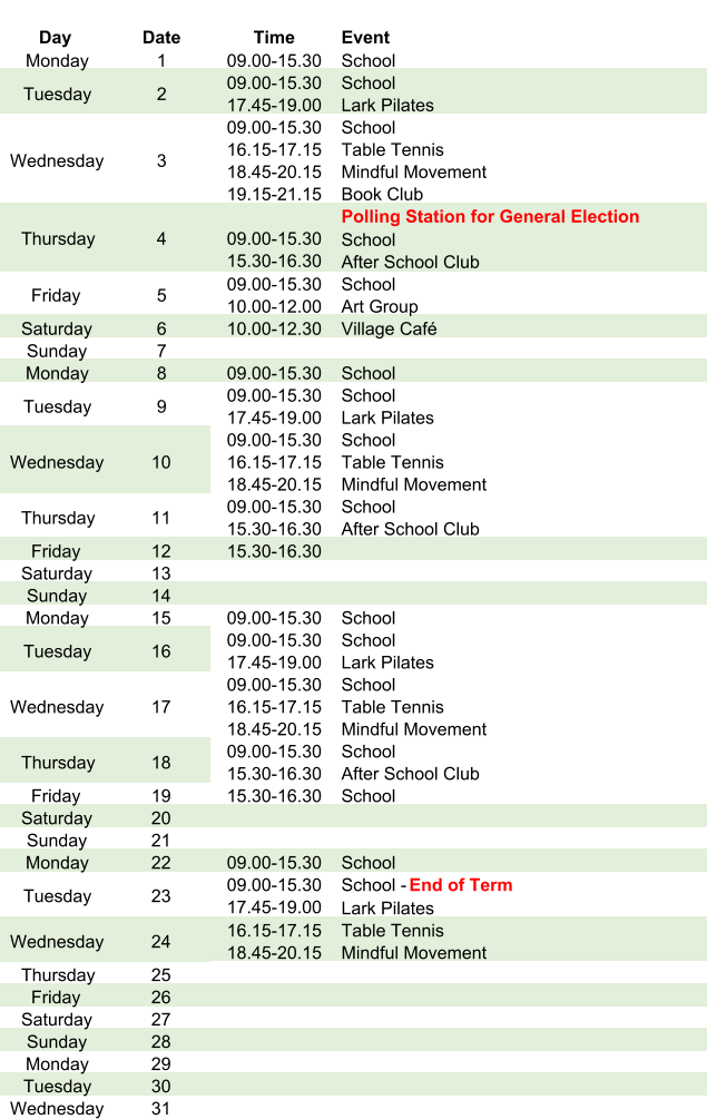 Day Date Time Event Monday 1 09.00-15.30 School Tuesday 2 09.00-15.30 17.45-19.00 School Lark Pilates Wednesday 3 09.00-15.30 16.15-17.15 18.45-20.15 19.15-21.15 School Table Tennis Mindful Movement Book Club Thursday 4 09.00-15.30 15.30-16.30 Polling Station for General Election School After School Club Friday 5 09.00-15.30 10.00-12.00 School Art Group Saturday 6 10.00-12.30 Village Café Sunday 7 Monday 8 09.00-15.30 School Tuesday 9 09.00-15.30 17.45-19.00 School Lark Pilates Wednesday 10 09.00-15.30 16.15-17.15 18.45-20.15 School Table Tennis Mindful Movement Thursday 11 09.00-15.30 15.30-16.30 School After School Club Friday 12 15.30-16.30 Saturday 13 Sunday 14 Monday 15 09.00-15.30 School Tuesday 16 09.00-15.30 17.45-19.00 School Lark Pilates Wednesday 17 09.00-15.30 16.15-17.15 18.45-20.15 School Table Tennis Mindful Movement Thursday 18 09.00-15.30 15.30-16.30 School After School Club Friday 19 15.30-16.30 School Saturday 20 Sunday 21 Monday 22 09.00-15.30 School Tuesday 23 09.00-15.30 17.45-19.00 School -  End of Term Lark Pilates Wednesday 24 16.15-17.15 18.45-20.15 Table Tennis Mindful Movement Thursday 25 Friday 26 Saturday 27 Sunday 28 Monday 29 Tuesday 30 Wednesday 31