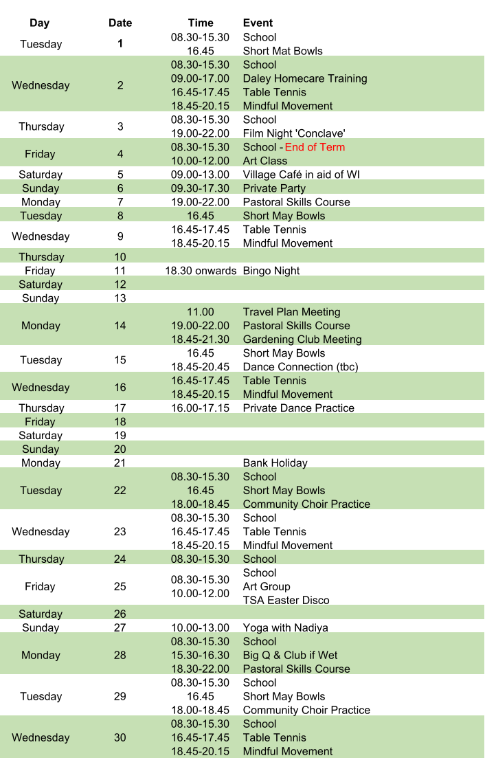 Day Date Time Event Tuesday 1 08.30-15.30 16.45 School Short Mat Bowls Wednesday 2 08.30-15.30 09.00-17.00 16.45-17.45 18.45-20.15 School Daley Homecare Training Table Tennis Mindful Movement Thursday 3 08.30-15.30 19.00-22.00 School Film Night 'Conclave' Friday 4 08.30-15.30 10.00-12.00 School -  End of Term Art Class Saturday 5 09.00-13.00 Village Café in aid of WI Sunday 6 09.30-17.30 Private Party Monday 7 19.00-22.00 Pastoral Skills Course Tuesday 8 16.45 Short May Bowls Wednesday 9 16.45-17.45 18.45-20.15 Table Tennis Mindful Movement Thursday 10 Friday 11 18.30 onwards Bingo Night Saturday 12 Sunday 13 Monday 14 11.00 19.00-22.00 18.45-21.30 Travel Plan Meeting Pastoral Skills Course Gardening Club Meeting Tuesday 15 16.45 18.45-20.45 Short May Bowls Dance Connection (tbc) Wednesday 16 16.45-17.45 18.45-20.15 Table Tennis Mindful Movement Thursday 17 16.00-17.15 Private Dance Practice Friday 18 Saturday 19 Sunday 20 Monday 21 Bank Holiday Tuesday 22 08.30-15.30 16.45 18.00-18.45 School Short May Bowls Community Choir Practice Wednesday 23 08.30-15.30 16.45-17.45 18.45-20.15 School Table Tennis Mindful Movement Thursday 24 08.30-15.30 School Friday 25 08.30-15.30 10.00-12.00 School Art Group TSA Easter Disco Saturday 26 Sunday 27 10.00-13.00 Yoga with Nadiya Monday 28 08.30-15.30 15.30-16.30 18.30-22.00 School Big Q & Club if Wet Pastoral Skills Course Tuesday 29 08.30-15.30 16.45 18.00-18.45 School Short May Bowls Community Choir Practice Wednesday 30 08.30-15.30 16.45-17.45 18.45-20.15 School Table Tennis Mindful Movement