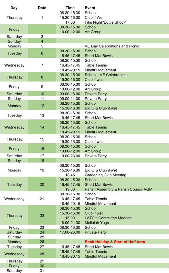 Day Date Time Event Thursday 1 08.30-15.30 15.30-16.30 17.00 School Club if Wet Film Night 'Bottle Shock' Friday 2 08.30-15.30 10.00-12.00 School Art Group Saturday 3 Sunday 4 Monday 5 VE Day Celebrations and Picnic Tuesday 6 08.30-15.30 16.45-17.45 School Short Mat Bowls Wednesday 7 08.30-15.30 16.45-17.45 18.45-20.15 School Table Tennis Mindful Movement Thursday 8 08.30-15.30 15.30-16.30 School - VE Celebrations Club if wet Friday 9 08.30-15.30 10.00-12.00 School Art Group Saturday 10 09.00-18.00 Private Party Sunday 11 09.00-14.00 Private Party Monday 12 08.30-15.30 15.30-16.30 School Big Q & Club if wet Tuesday 13 08.30-15.30 16.45-17.45 School Short Mat Bowls Wednesday 14 08.30-15.30 16.45-17.45 18.45-20.15 School Table Tennis Mindful Movement Thursday 15 08.30-15.30 15.30-16.30 School Club if wet Friday 16 08.30-15.30 10.00-12.00 School Art Group Saturday 17 10.00-23.00 Private Party Sunday 18 Monday 19 08.30-15.30 15.30-16.30 18.45 School Big Q & Club if wet Gardening Club Meeting Tuesday 20 08.30-15.30 16.45-17.45 19.00 School Short Mat Bowls Parish Assembly & Parish Council AGM Wednesday 21 08.30-15.30 16.45-17.45 18.45-20.15 School Table Tennis Mindful Movement Thursday 22 08.30-15.30 15.30-16.30 16.00 18.00-21.30 School Club if wet LATCH Committee Meeting Mellulah Yoga Friday 23 08.30-15.30 School Saturday 24 17.00-23.00 Private Party Sunday 25 Monday 26 Bank Holiday & Start of Half-term Tuesday 27 16.45-17.45 Short Mat Bowls Wednesday 28 16.45-17.45 18.45-20.15 Table Tennis Mindful Movement Thursday 29 Friday 30 Saturday 31